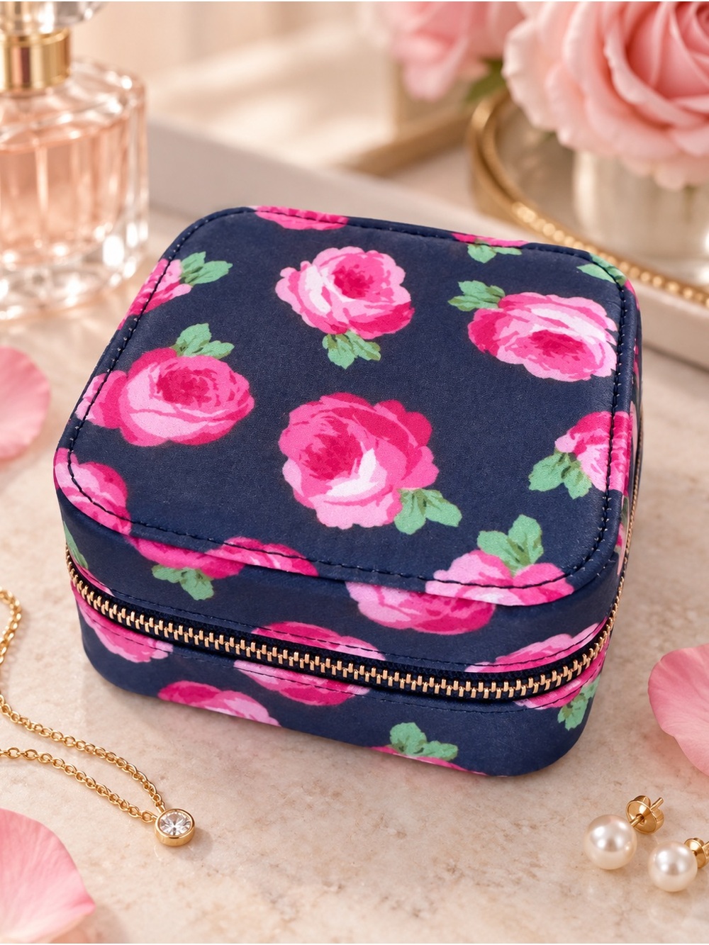 LOFT Navy Pink Rose Floral Travel Jewelry Case Organizer Zip Around Compact